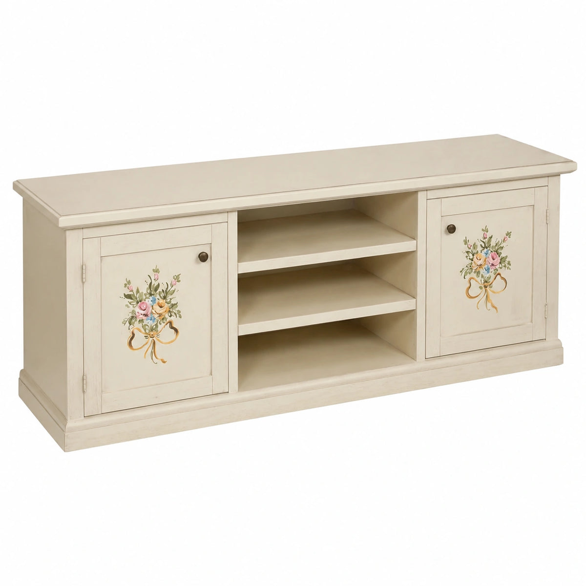 Mobile porta TV in legno di pioppo shabby chic avorio, 160 cm di larghezza, 45 cm di profondità, 55 cm di altezza, stile country francese