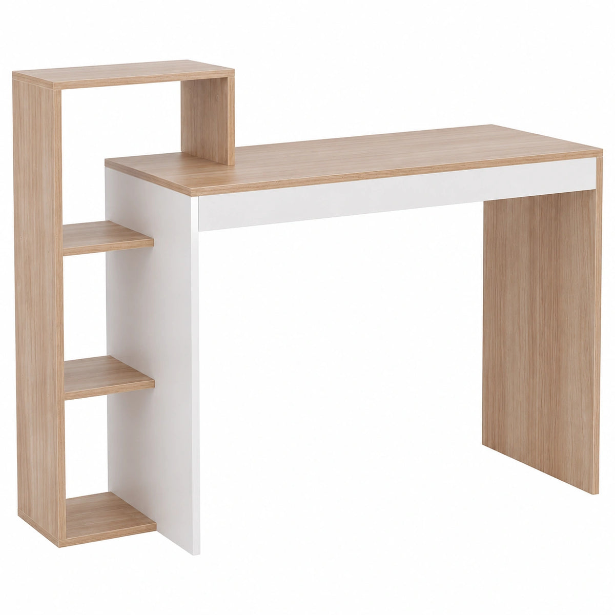 Scrivania per computer portatile con ripiani, 110 × 40 × 91 cm, in teak e bianco