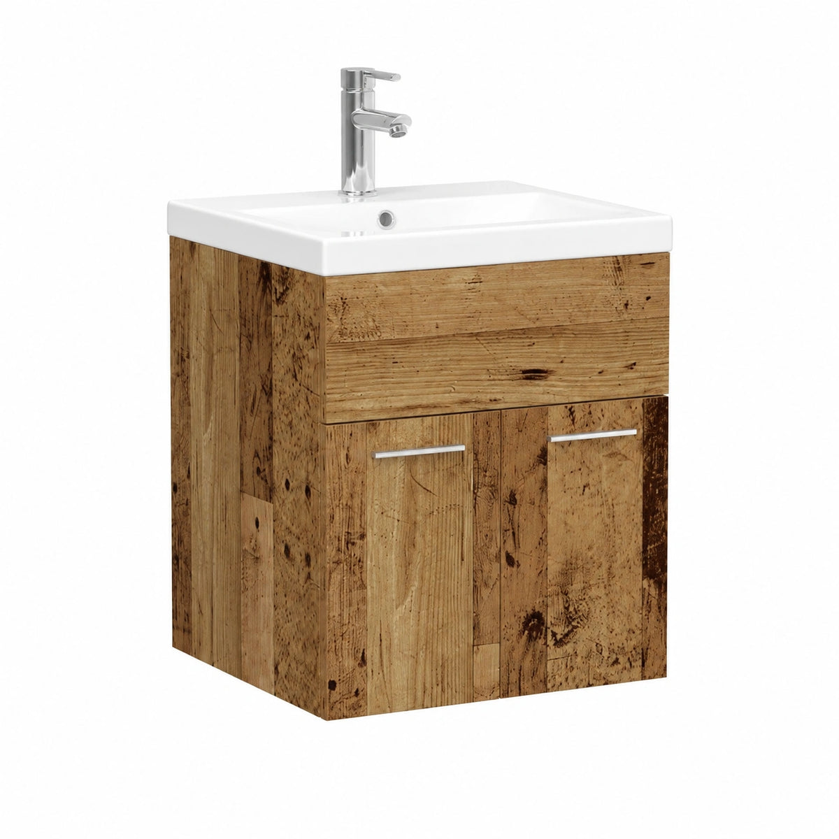 Mobile Bagno 2 Pezzi Legno Invecchiato Marrone Rettangolare con Lavabo Porcellana Salvaspazio per Bagno Country Rustico e Funzionale