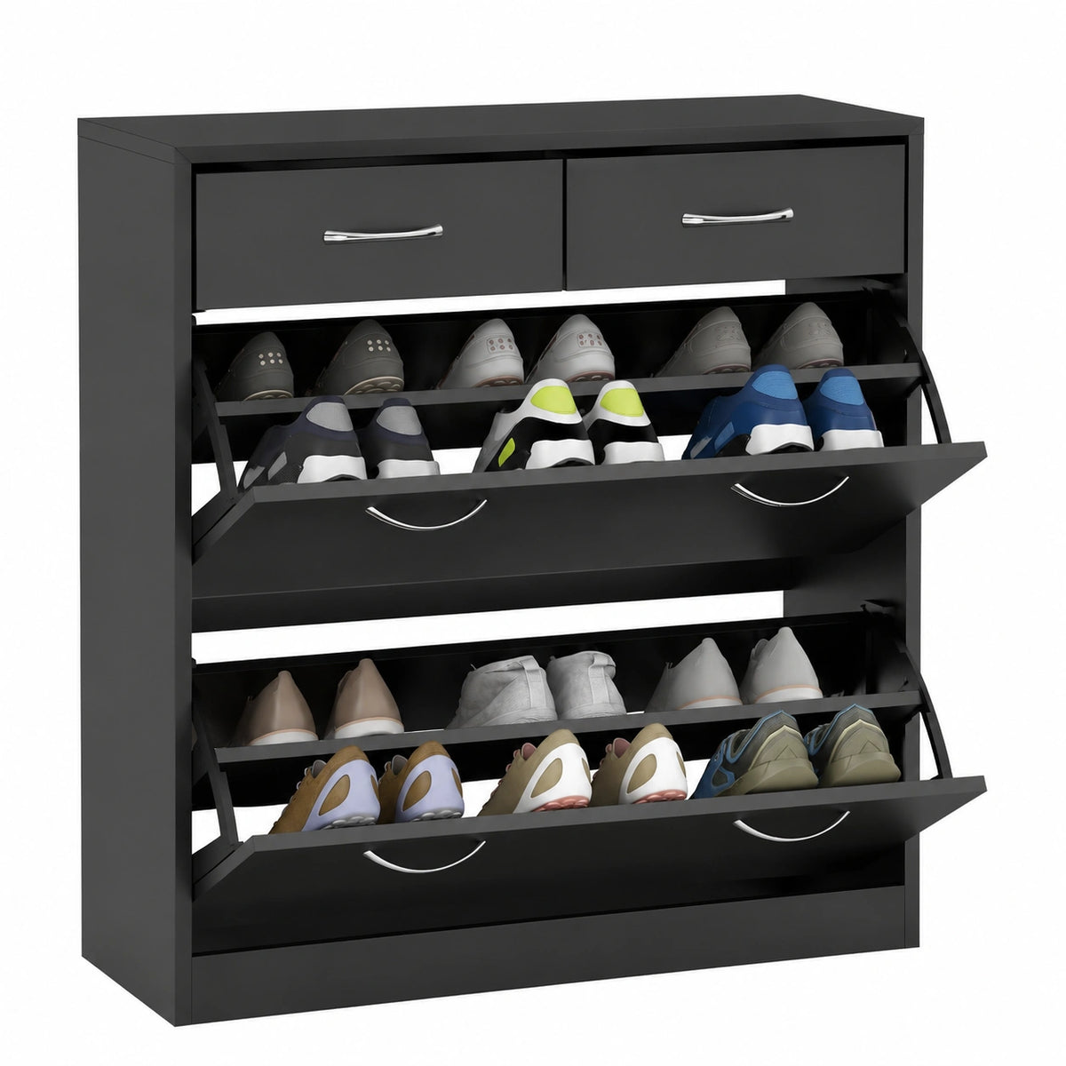 Scarpiera Moderna con 2 Ripiani e 2 Cassetti 80 × 30 × 91.5 cm, Nero, Ripiani Interni Regolabili, 12 Paia di Scarpe, Mobile per Scarpe Salvaspazio