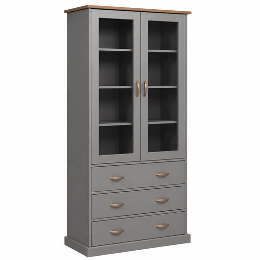 Vetrina - Credenza - Stoviglie - Mobile da pranzo - Stile country - Legno massiccio FSC - 2 ante - 3 cassetti - Luzerna 10 - Grigio