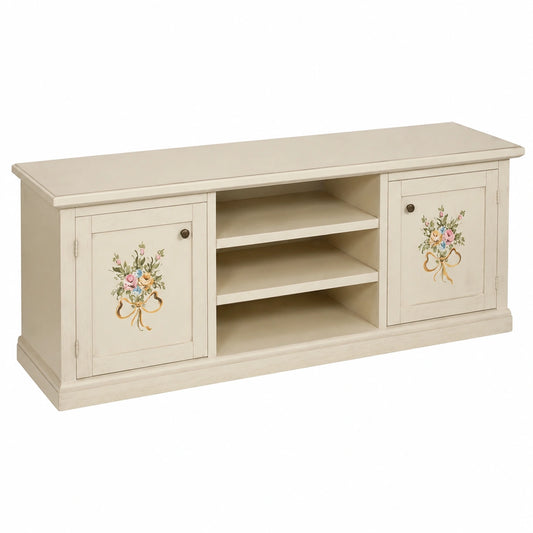 Mobile porta TV in legno di pioppo shabby chic avorio, 160 cm di larghezza, 45 cm di profondità, 55 cm di altezza, stile country francese