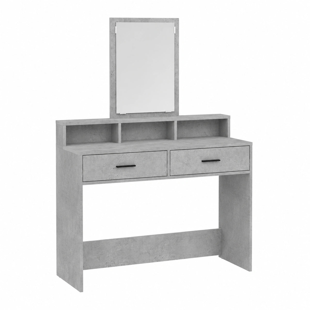 Tavolo da trucco grigio cemento in legno ingegnerizzato 100 × 41 × 140 cm con specchio piano e 2 cassetti, mobiletto consolle salvaspazio per camera