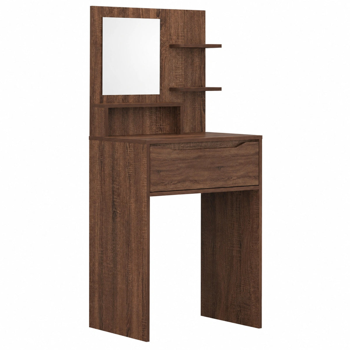 Tavolo da Trucco in Rovere Marrone con Specchio Piano e Cassetto, Mobiletto Toeletta con Ripiani e Portaoggetti, Consolle Salvaspazio per Camera