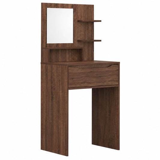 Tavolo da Trucco in Rovere Marrone con Specchio Piano e Cassetto, Mobiletto Toeletta con Ripiani e Portaoggetti, Consolle Salvaspazio per Camera