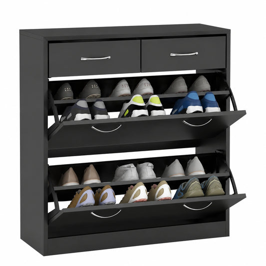 Scarpiera Moderna con 2 Ripiani e 2 Cassetti 80 × 30 × 91.5 cm, Nero, Ripiani Interni Regolabili, 12 Paia di Scarpe, Mobile per Scarpe Salvaspazio