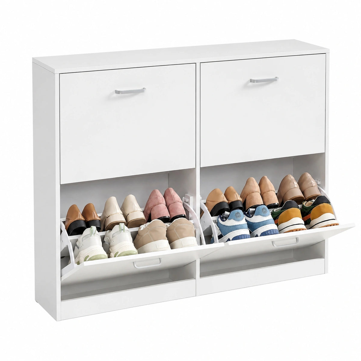 Scarpiera con 4 Ribalte e Divisori Regolabili, 105,5 cm, Scaffale portascarpe per 16-28 paia, 24 × 105,5 × 82,7 cm, Bianco Neve