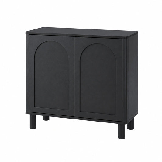 Credenza moderna in legno con lati curvi, Armadio a doppia porta con finitura naturale per soggiorno, sala da pranzo e ingresso (nero)