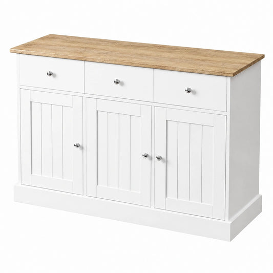 Credenza Rustica Bianca Effetto Legno, 2 Cassetti 3 Ante, Maniglie Argentate, Buffet per Soggiorno e Sala da Pranzo, 120 × 36 × 80.5 cm -Arredamento