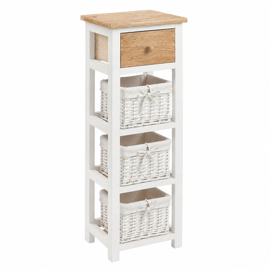 Cassettiera Country, 1 cassetto 3 ceste, Legno Paulownia Vimini, Bianco Marrone, Camera Bagno - Misure: 85 × 31 × 27 cm (HxLxP) - arte. RE4359