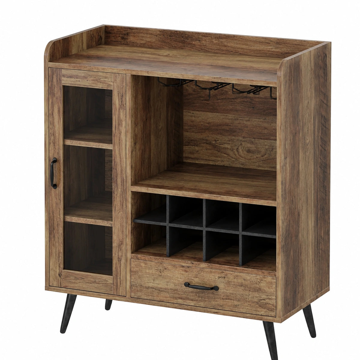 Armadio per vino con portabottiglie e portabicchieri integrati, buffet in legno, credenza con cassetto e porta in vetro, contenitore per vino