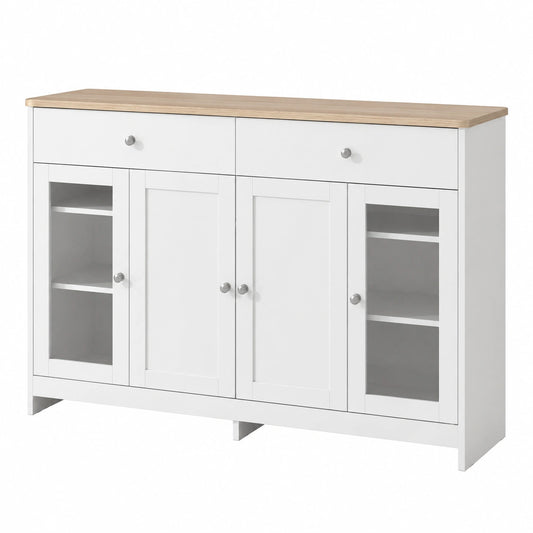 Credenza con venature del legno bianco, quattro ante con due cassetti, porta con vetro. Soggiorno, sala da pranzo. Colore legno e bianco
